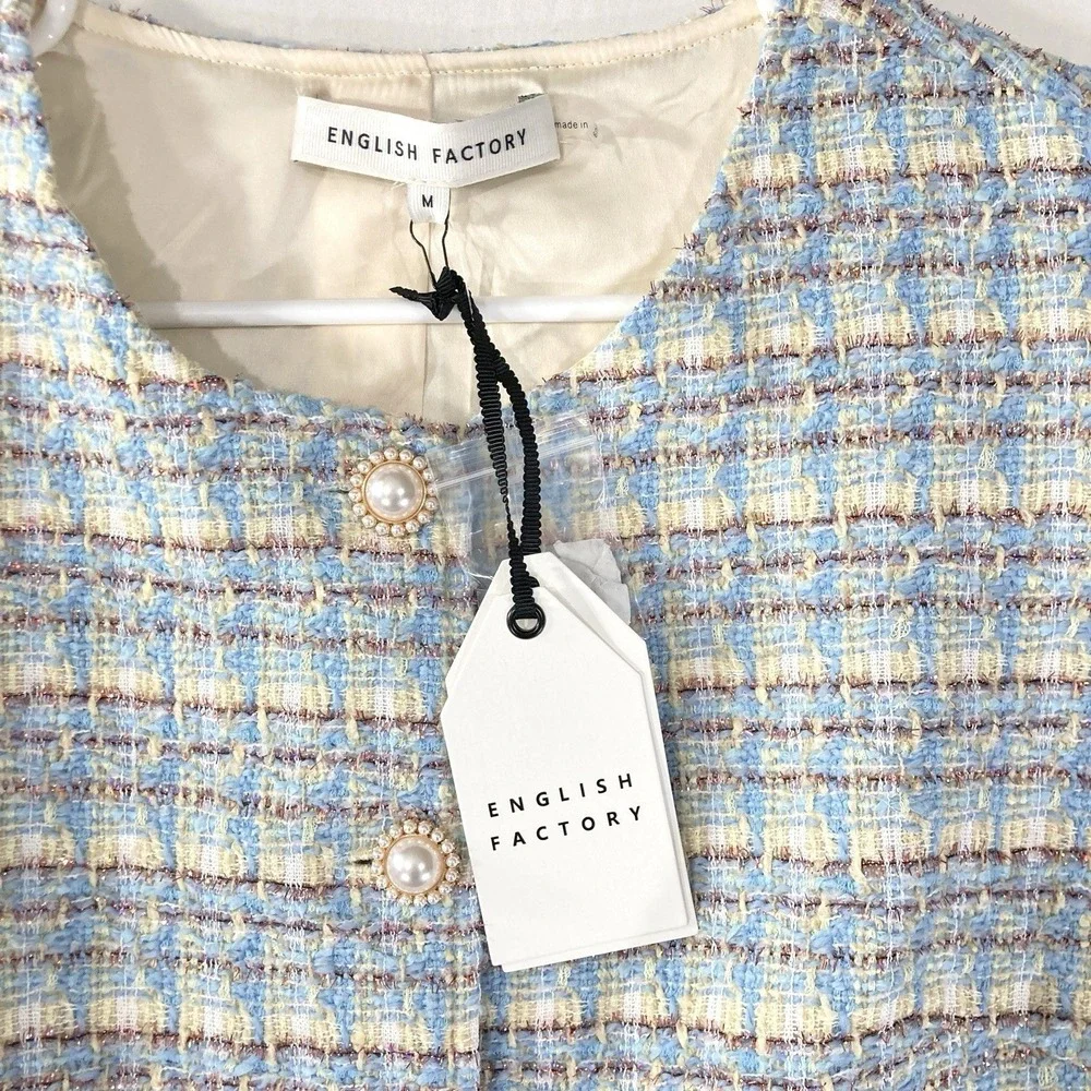 Wool Tweed Pearl Button Mini Dress Mod Woven Baby Blue Retro Womens M NWT $140